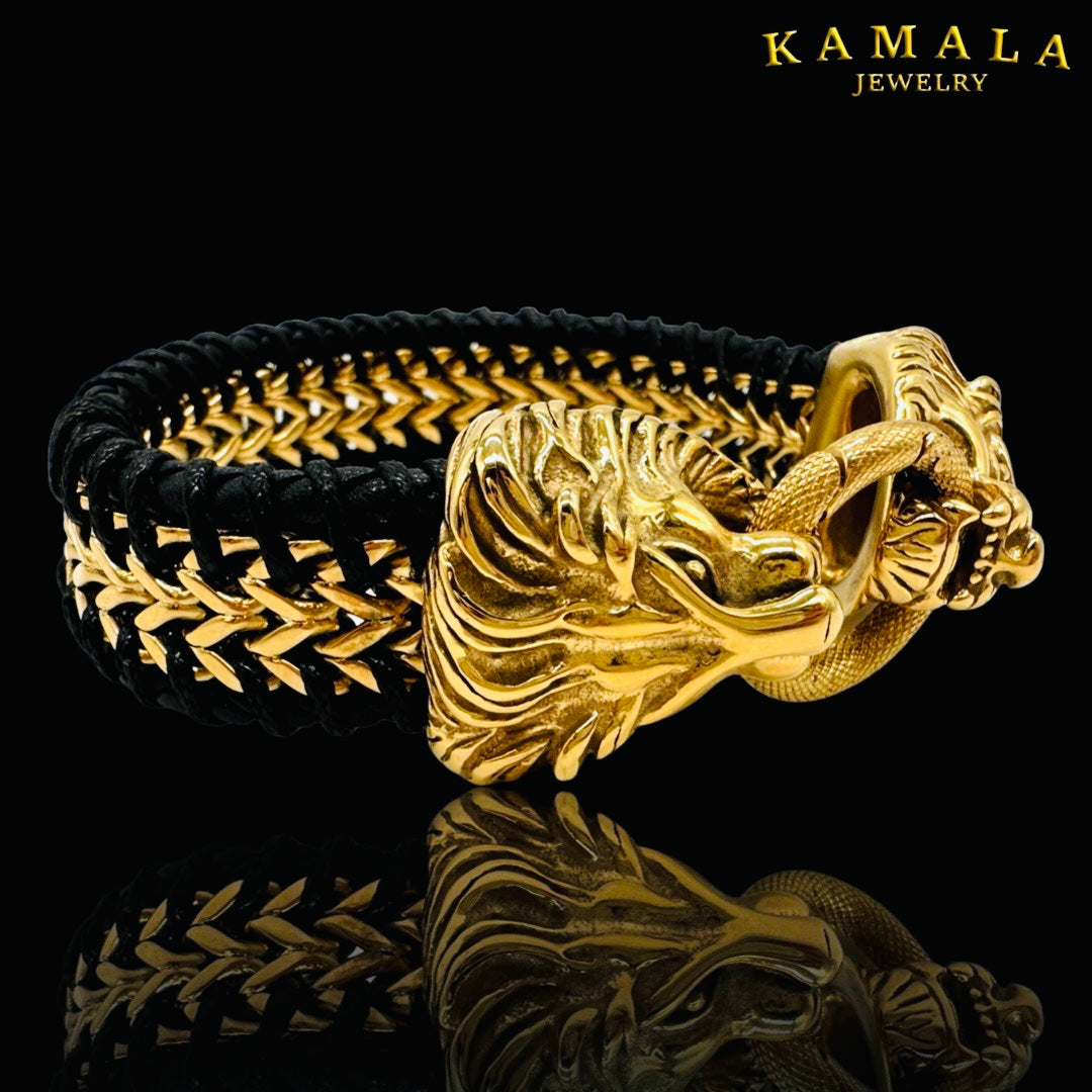 Exklusive Armband mit Löwen - Leder & Gold