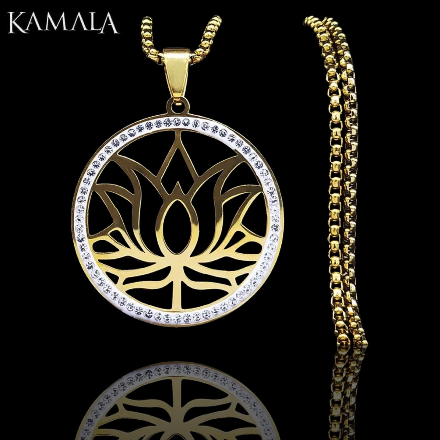 Halskette mit Lotus Blume - Gold mit Steine
