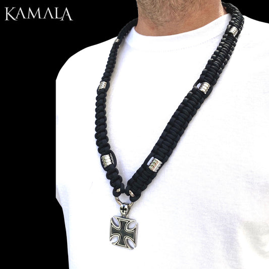 Madmax Paracord Halskette - Schwarz mit Kleine Silberne Perlen