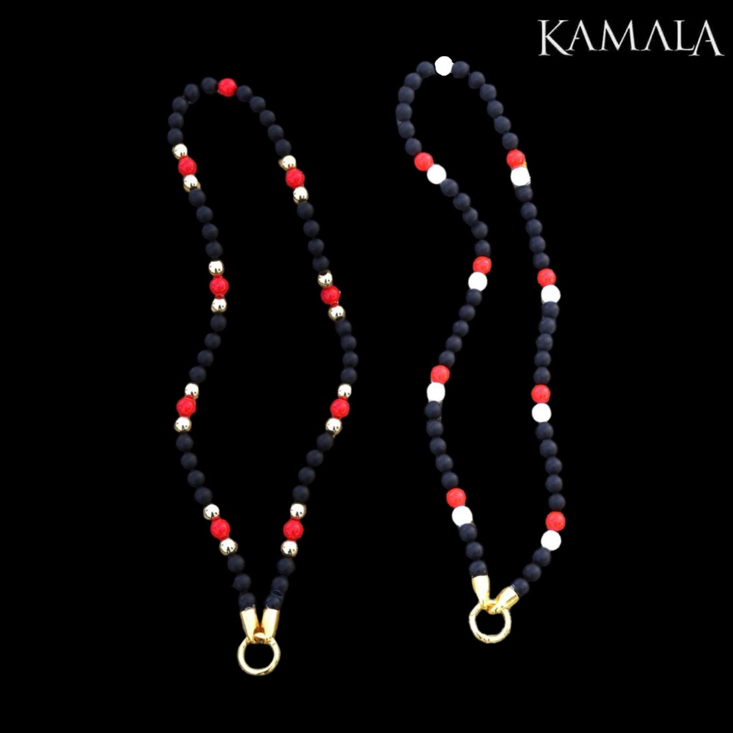 Perlenkette aus Schwarze Onyx Steine - Rot & Weiss