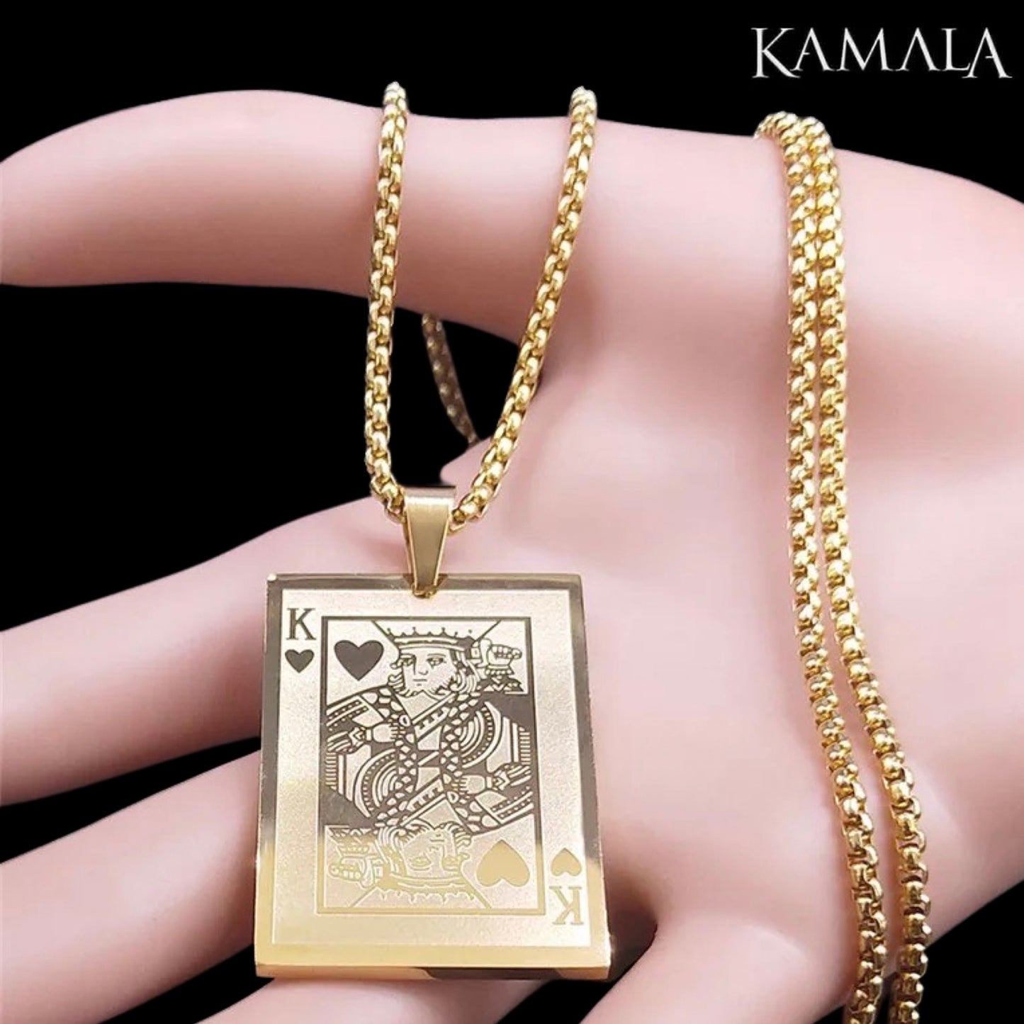 Halskette mit Pokerkarte - Herz König - Gold