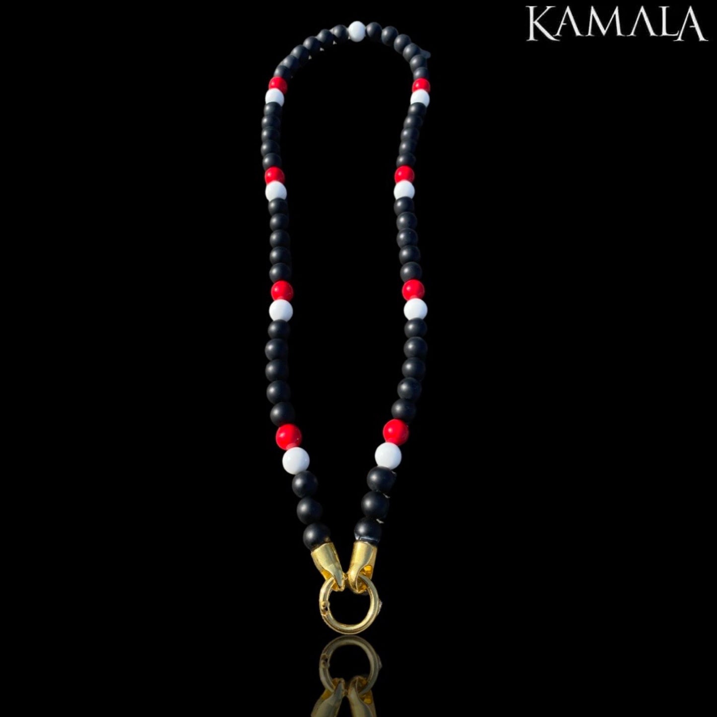 Perlenkette aus Schwarze Onyx Steine - Rot & Weiss