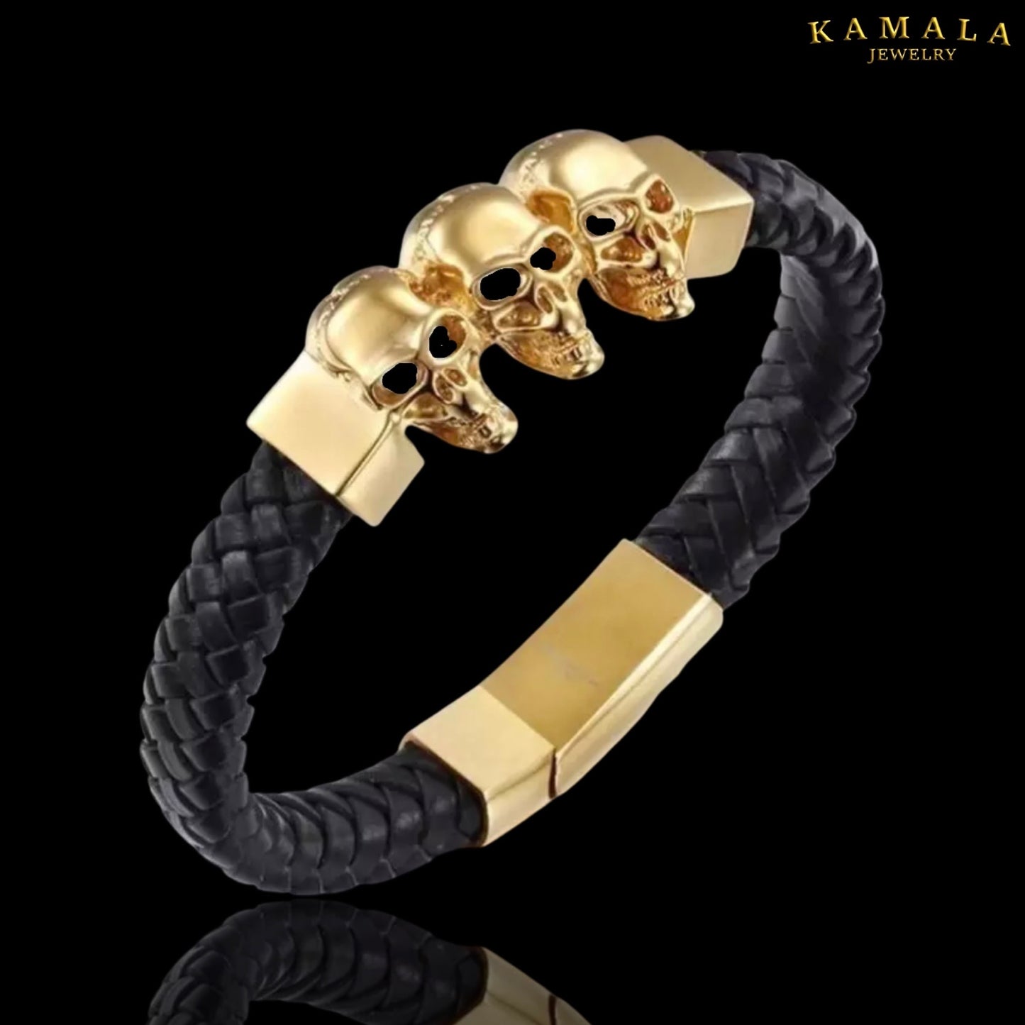 Armband - Leder & Skulls - Schwarz mit Gold