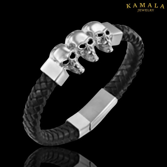 Armband - Leder & Skulls - Schwarz mit Silber